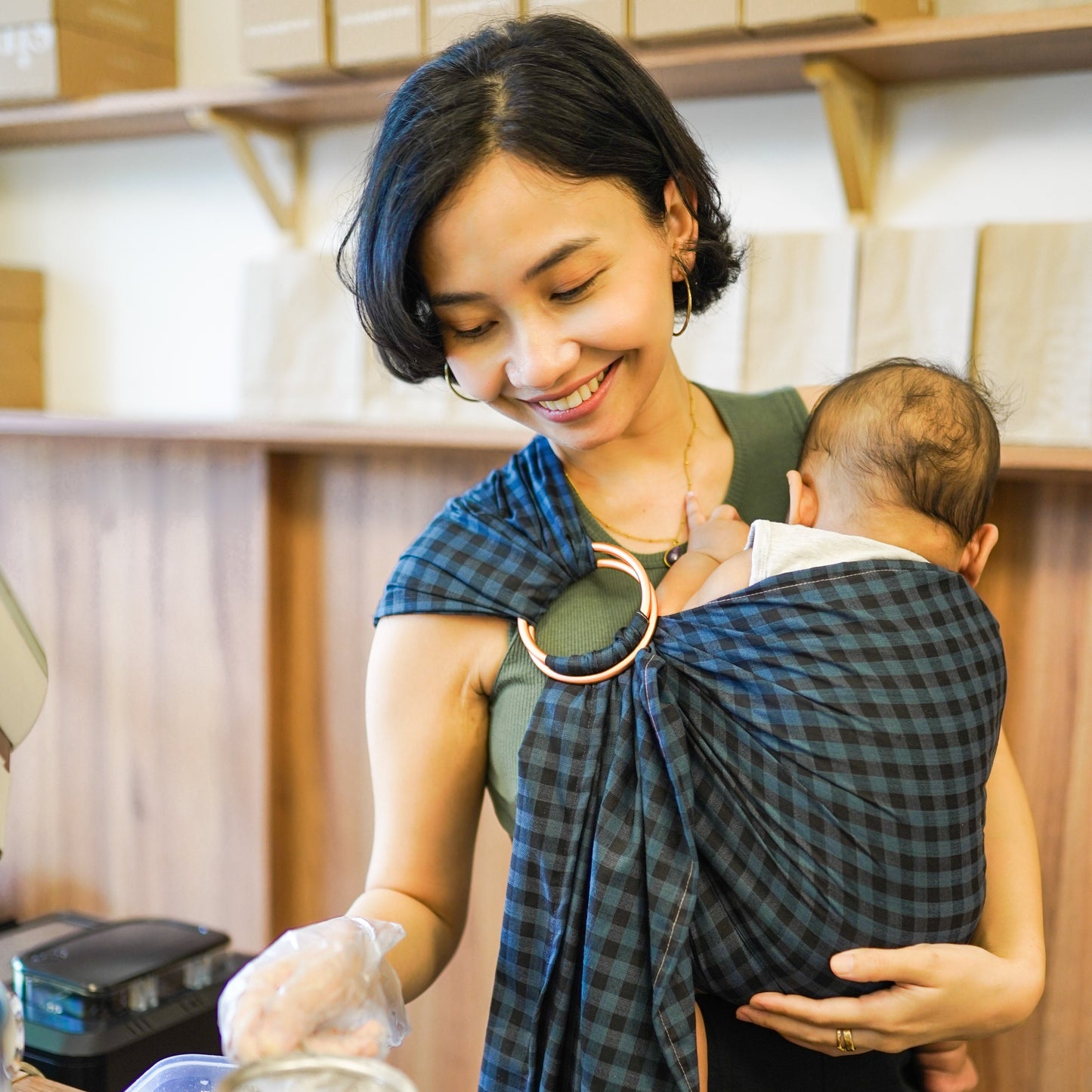 Ring Sling Cotton - Navy Gingham - Gendongan Bayi