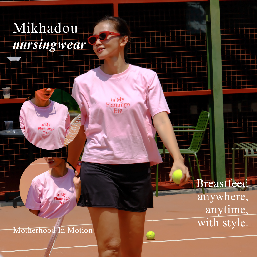 PRE ORDER/READY 1 SEPTEMBER 2026 - Mikhadou - Nursingwear Tee -  Motherhood Flamingo Era Baby Pink  / Nursing Short Sleeve Tee / Longsleeve