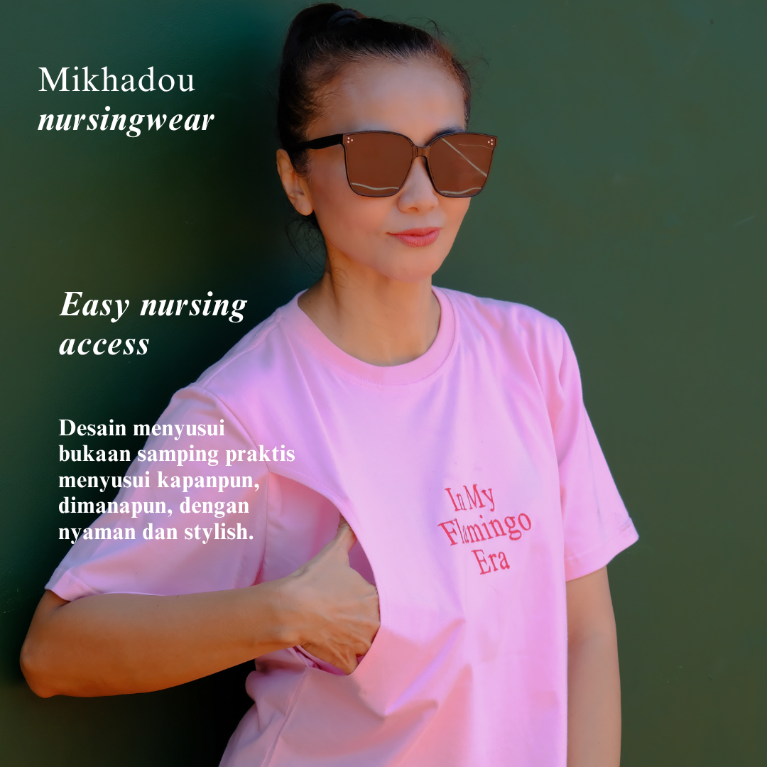 PRE ORDER/READY 1 SEPTEMBER 2026 - Mikhadou - Nursingwear Tee -  Motherhood Flamingo Era Baby Pink  / Nursing Short Sleeve Tee / Longsleeve