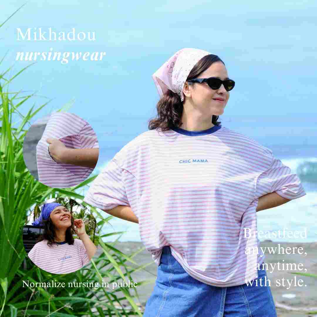 Mikhadou - Nursingwear Tee - Chic Mama Stripe / Baju Menyusui Lengan Pendek