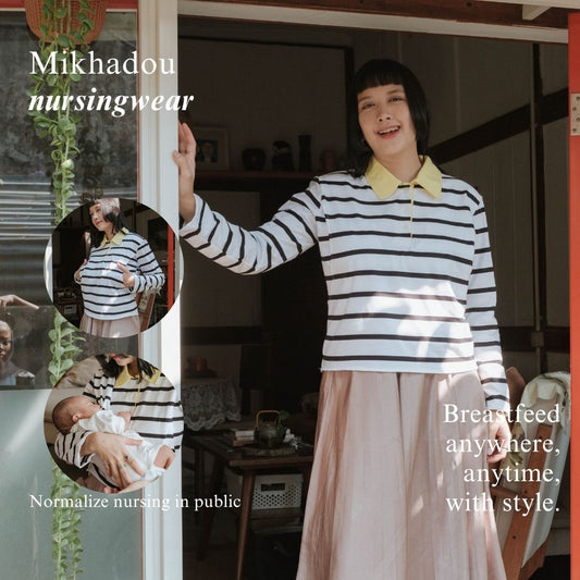 Mikhadou - Collete Polo Longsleeve - Nursingwear Baju Menyusui - Atasan Stripe - Bukaan Samping Kanan Kiri