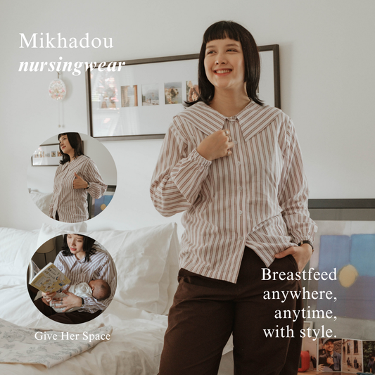 Mikhadou - Eloise Blouse Longsleeve - Nursingwear Baju Menyusui - Atasan Stripe - Bukaan Samping Kanan Kiri