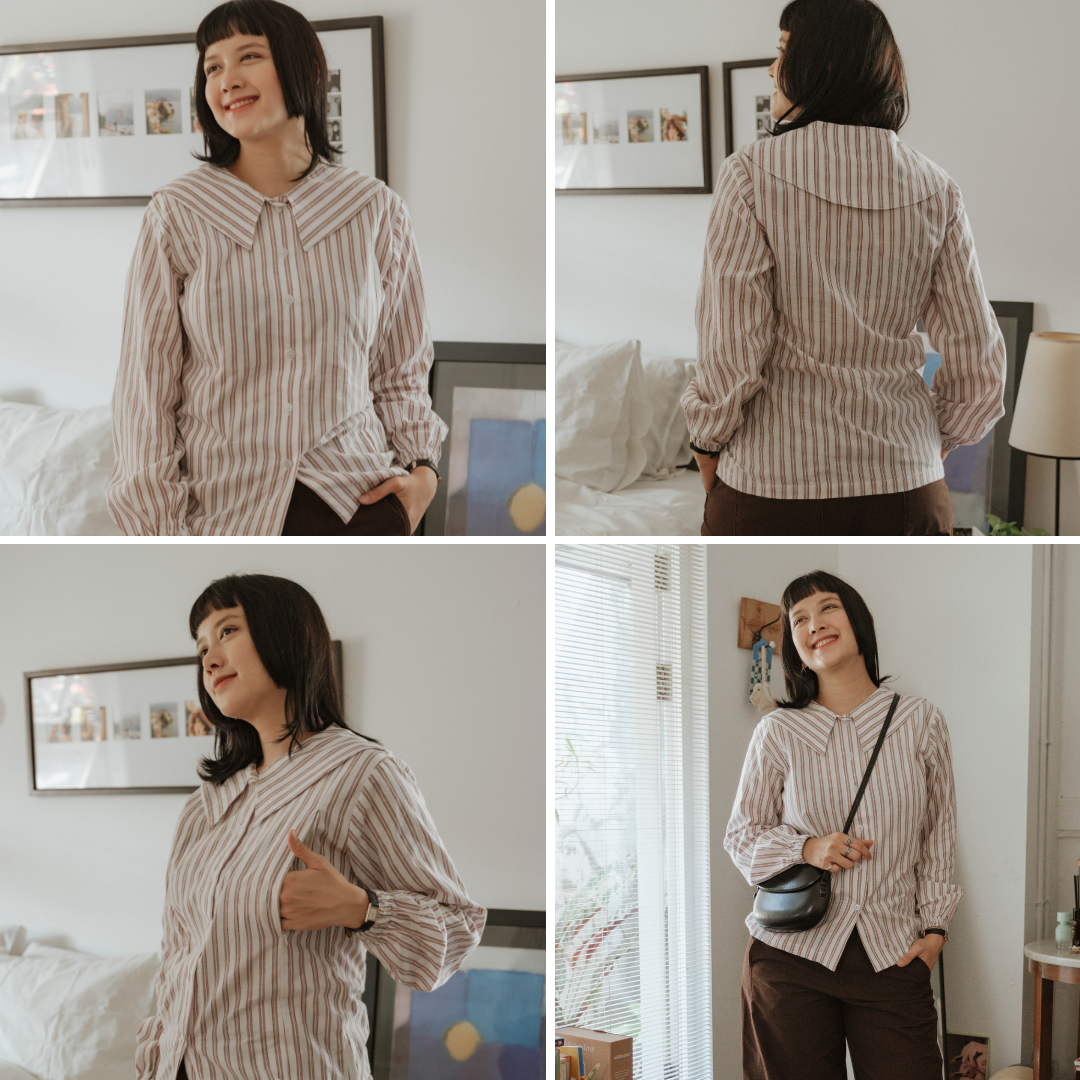 Mikhadou - Eloise Blouse Longsleeve - Nursingwear Baju Menyusui - Atasan Stripe - Bukaan Samping Kanan Kiri