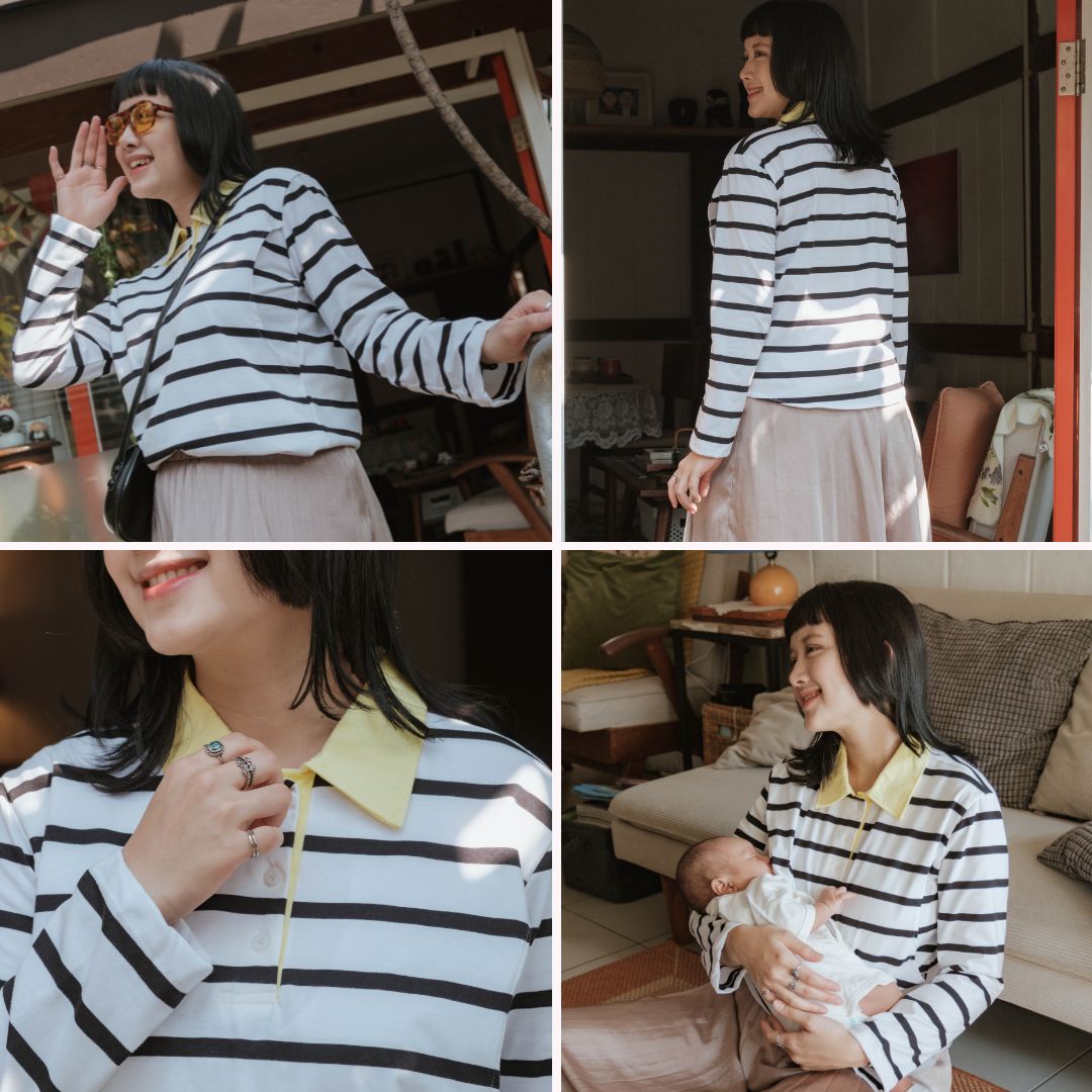 Mikhadou - Collete Polo Longsleeve - Nursingwear Baju Menyusui - Atasan Stripe - Bukaan Samping Kanan Kiri