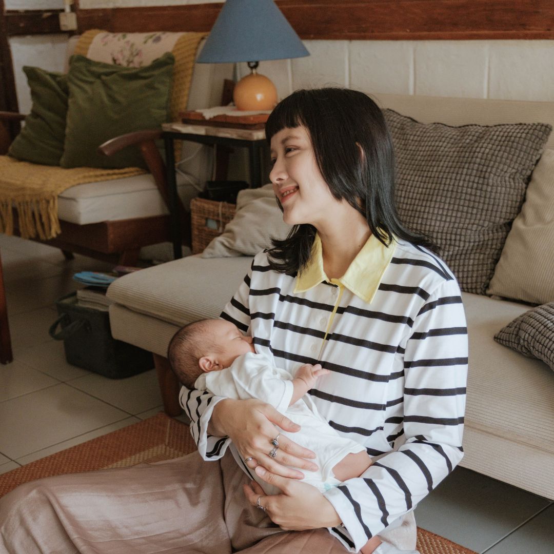 Mikhadou - Collete Polo Longsleeve - Nursingwear Baju Menyusui - Atasan Stripe - Bukaan Samping Kanan Kiri