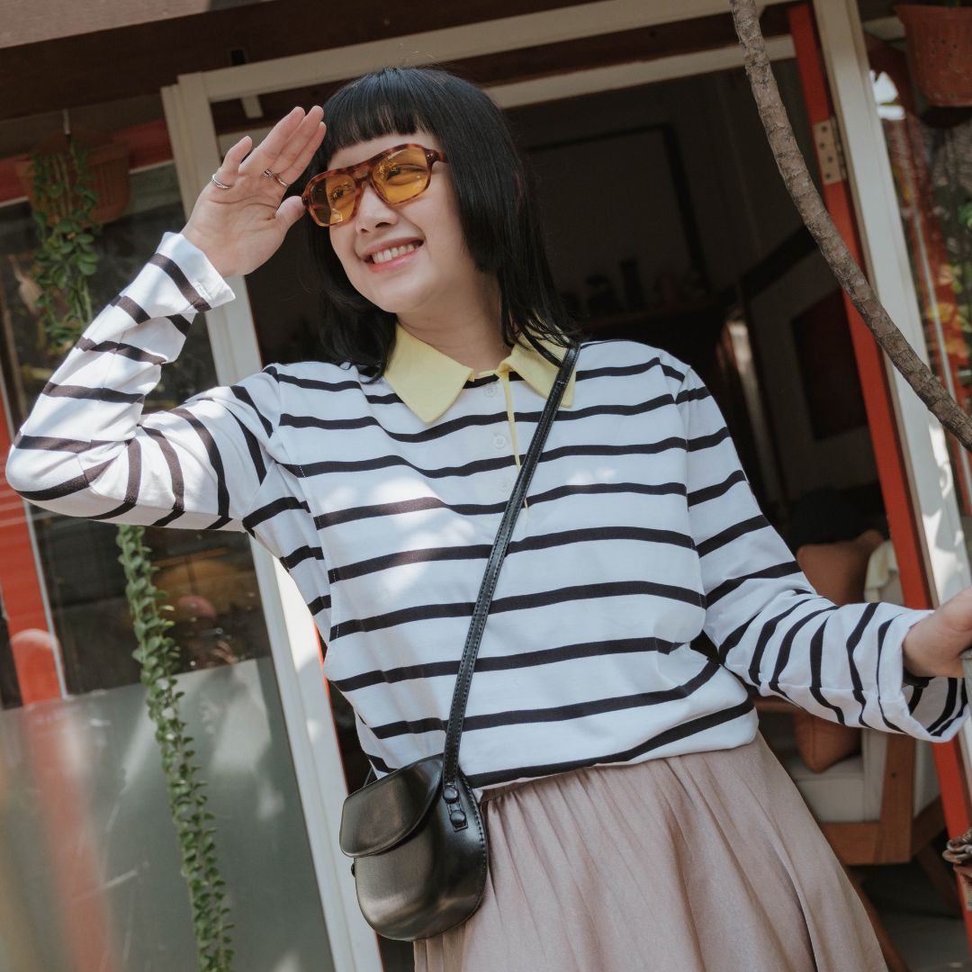 Mikhadou - Collete Polo Longsleeve - Nursingwear Baju Menyusui - Atasan Stripe - Bukaan Samping Kanan Kiri