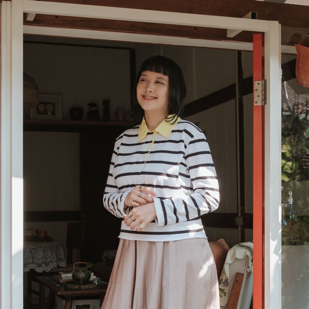 Mikhadou - Collete Polo Longsleeve - Nursingwear Baju Menyusui - Atasan Stripe - Bukaan Samping Kanan Kiri