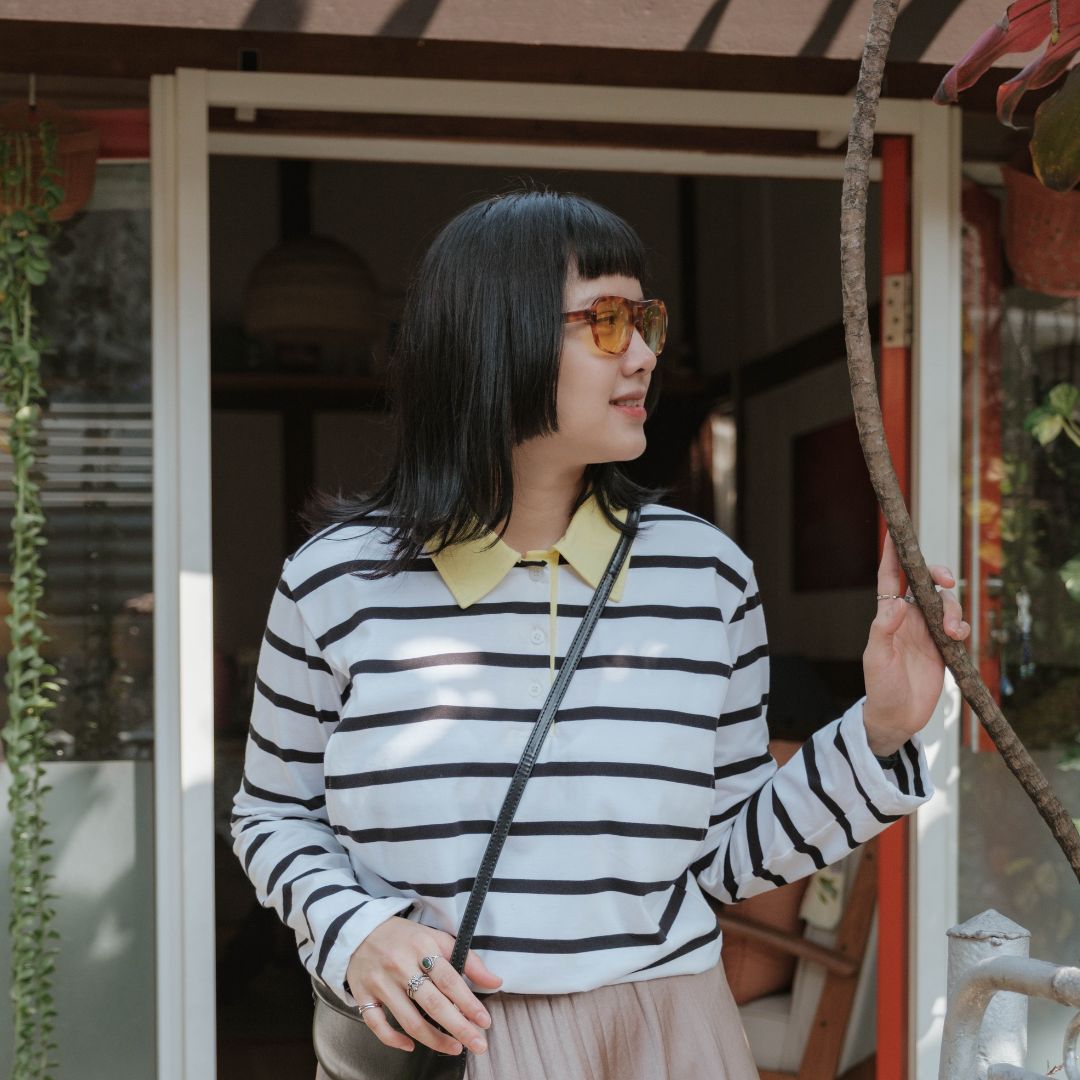 Mikhadou - Collete Polo Longsleeve - Nursingwear Baju Menyusui - Atasan Stripe - Bukaan Samping Kanan Kiri