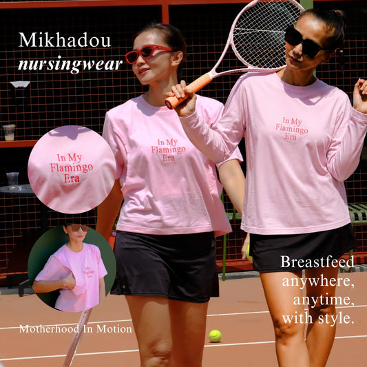 PRE ORDER/READY 1 SEPTEMBER 2026 - Mikhadou - Nursingwear Tee -  Motherhood Flamingo Era Baby Pink  / Nursing Short Sleeve Tee / Longsleeve