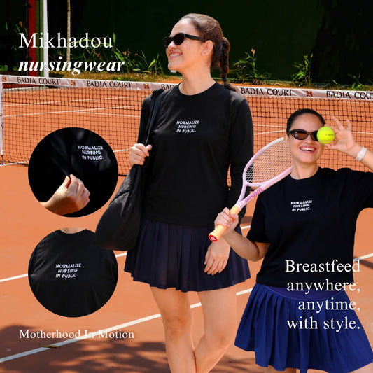 PRE ORDER/READY 1 SEPTEMBER 2026 - Mikhadou - Nursingwear Tee -  Motherhood Normalize Nursing In Public Black / Nursing Short Sleeve Tee / Longsleeve